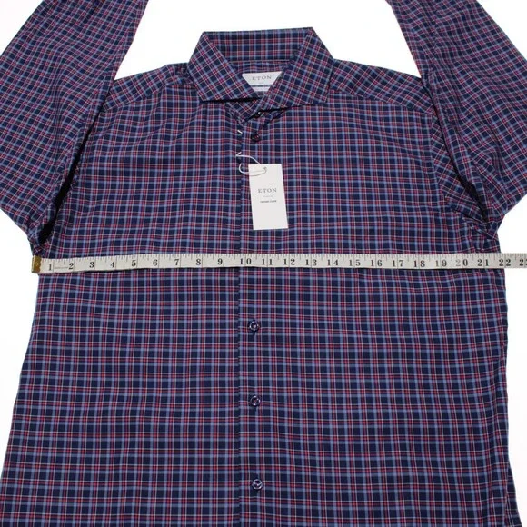 Eton NWT Dress Shirt Size 43 17 Slim Fit in Blue & Red Plaid 100% Cotton